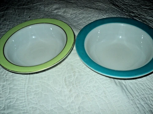 2 VTG  Pyrex Milk Glass Bowls Turquoise Blue Band & Lime green Serving Bowls