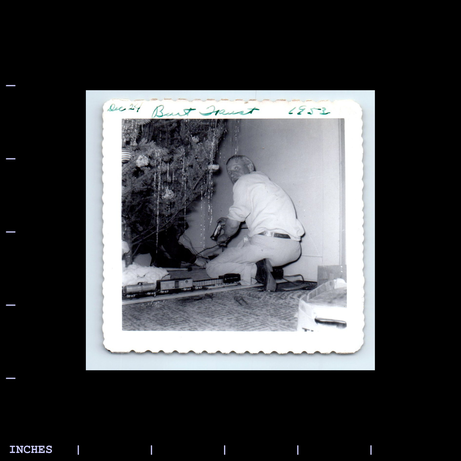 Vintage 1953 Photo Man by Christmas Tree with Model Train  