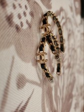 CHANEL Coco Mark Hoop Earrings Gold Metal Leather Chain B19P Designer Jewelry