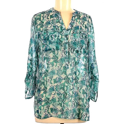 Apt 9 Womens Flowy Boho Chic Snakeskin Blouse M Teal Blue Animal Roll Tab Top