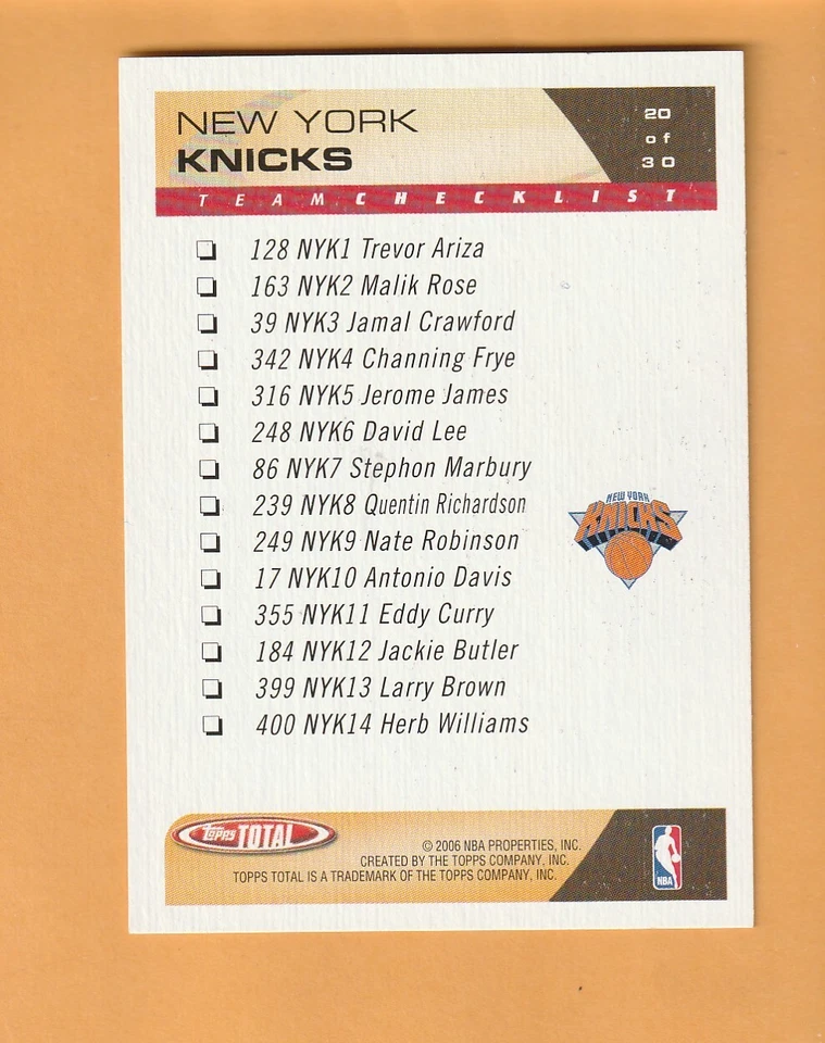 Stephon Marbury New York Knicks 2005-06 Topps Total Team Checklists #20 7G - Image 2 of 2