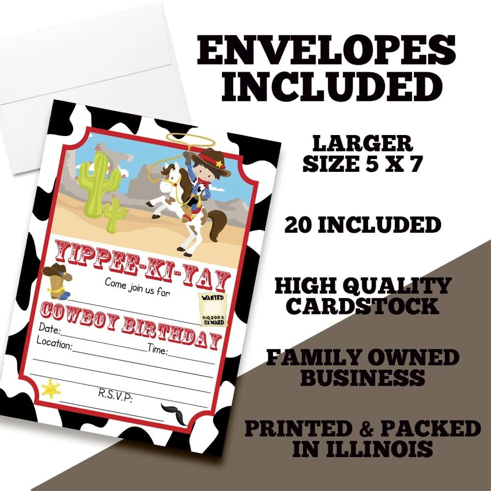 Invitaciones de fiesta de cumpleaños de vaquero para niños 20 tarjetas de relleno de 5x7 con veinte con... Foto 2 de 4