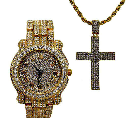 Hip Hop Ice'd Bling Cross Pendent on Gold Necklace with Bling Watch L0504-SSS42G - Picture 1 of 6