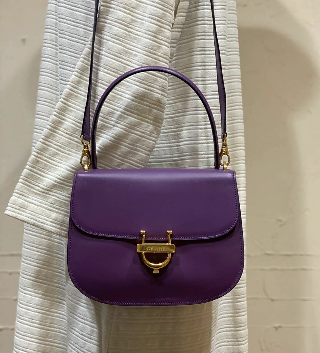 Vintage Old Celine 2WAY Shoulder Bag Horse Bit Metal Fittings Purple Color