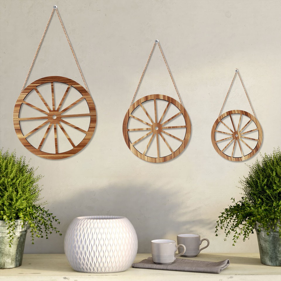 3 pcs Wooden Wagon Wheel Wall Decor with Triangular Hook Rustic