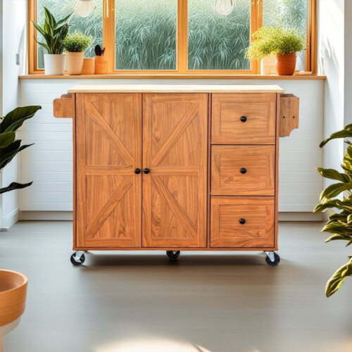 Kitchen Island Cart Mobile Kitchen Storage Cabinet with 2 Doors 3 Drawers, Brown - Picture 7 of 7