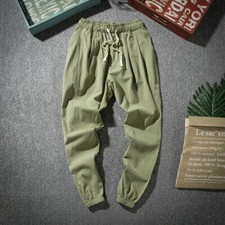 Men Cotton Linen Trousers Baggy Pants Harem Style Elastic Waist Loose Casual