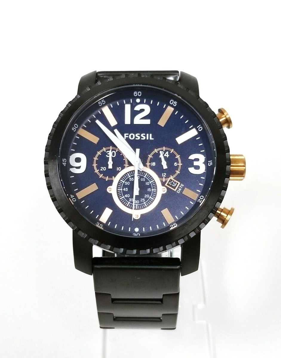NEW FOSSIL BLACK S/STEEL,LRG CHRONO ROSE GOLD ACCENT DIAL BRACELET WATCH  BQ2011