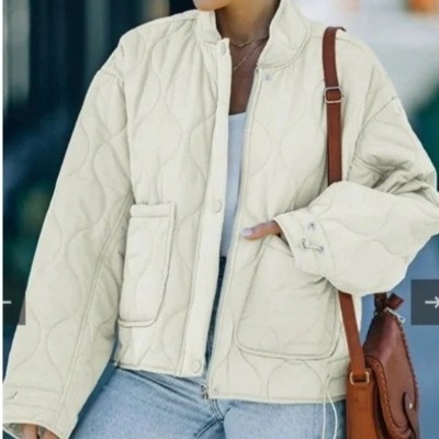 Lucky Brand Puffer Coat Size XL Water Resistant Quilted Jacket In Ivory Pockets
