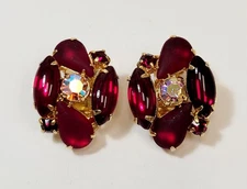 Vintage Juliana Red AB Rhinestone Satin Glass Pear Navette Cab Glass Earrings