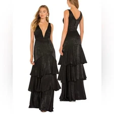 Katie May Black Satin Old Money Plunge Neck Ruffle Gown Size Medium $325