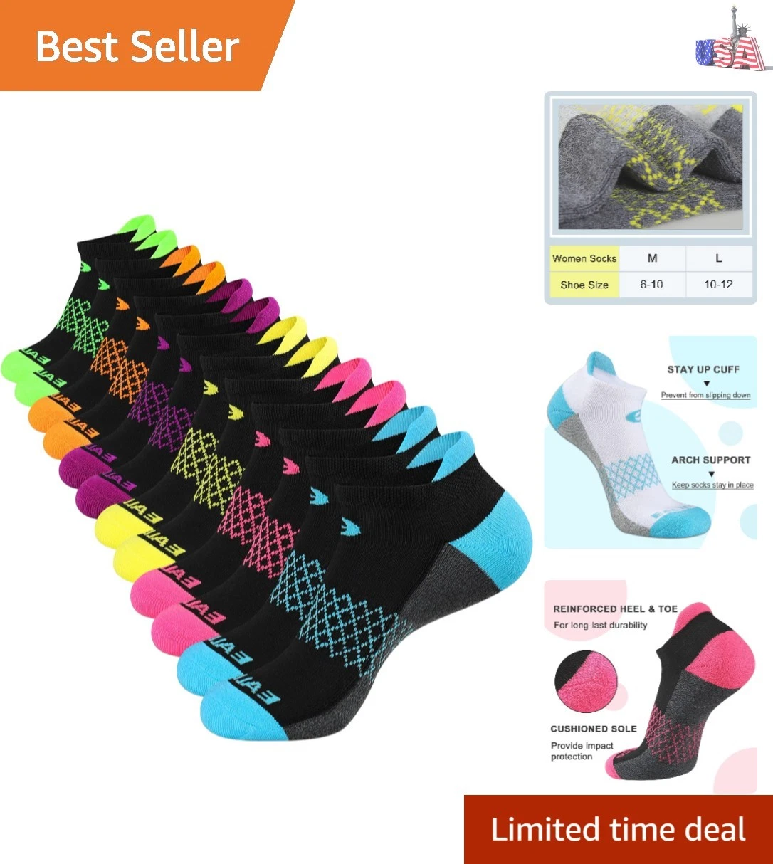 Womens Ankle Socks 6 Pairs Running Athletic Cushioned Sole Socks With Tab