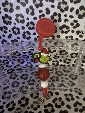 Beaded Grinch Animal Print Badge Reel ID Holder Red White Green Holiday