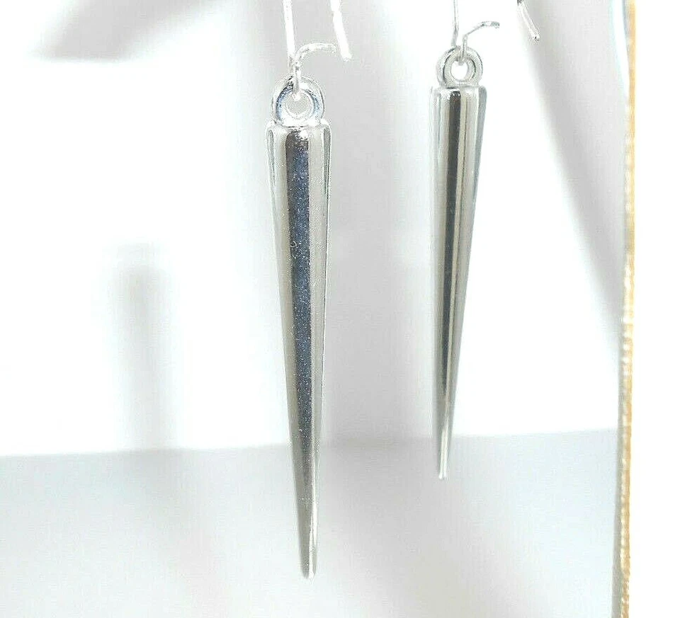 New  Long Light Weight  SPIKE  Polished Silver-tone Drop Dangle Earrings 3" Long - Image 3 of 3