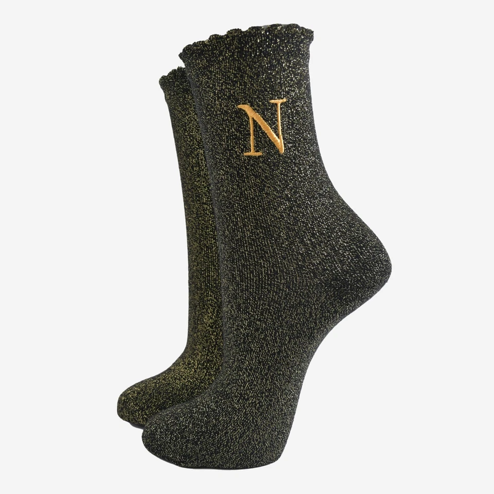 SOCK TALK GLITTER SOCKS Women's Initial Glitter Socks in Gold Black Cotton UK 3-7 Ladies Sparkle Party