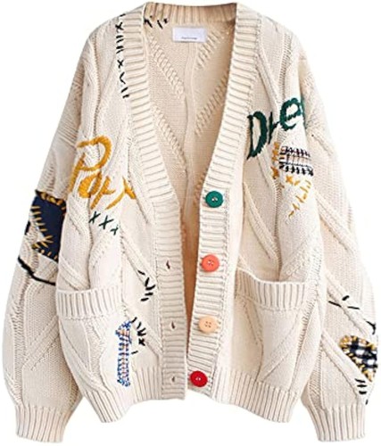 Women's Cable Knit Long Sleeve Open Front Cardigan Sheep V-Neck Button Down Embr