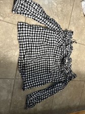 Rachel Roy Womens Long Sleeve Off The Shoulder Gingham Shirt Black White XS