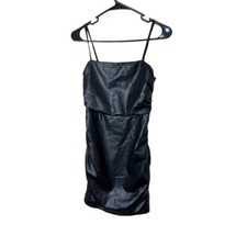 Lulus Black Faux Leather Spaghetti Straps Mini Ruched Dress Small