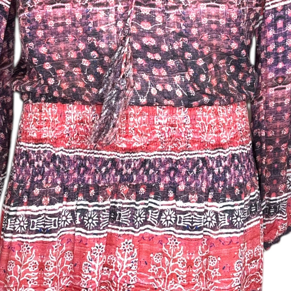 Bohemian Boho 迷你连衣裙 S 码 Blouson 腰部农民长袖红色紫色 — 第 4/4 张图片