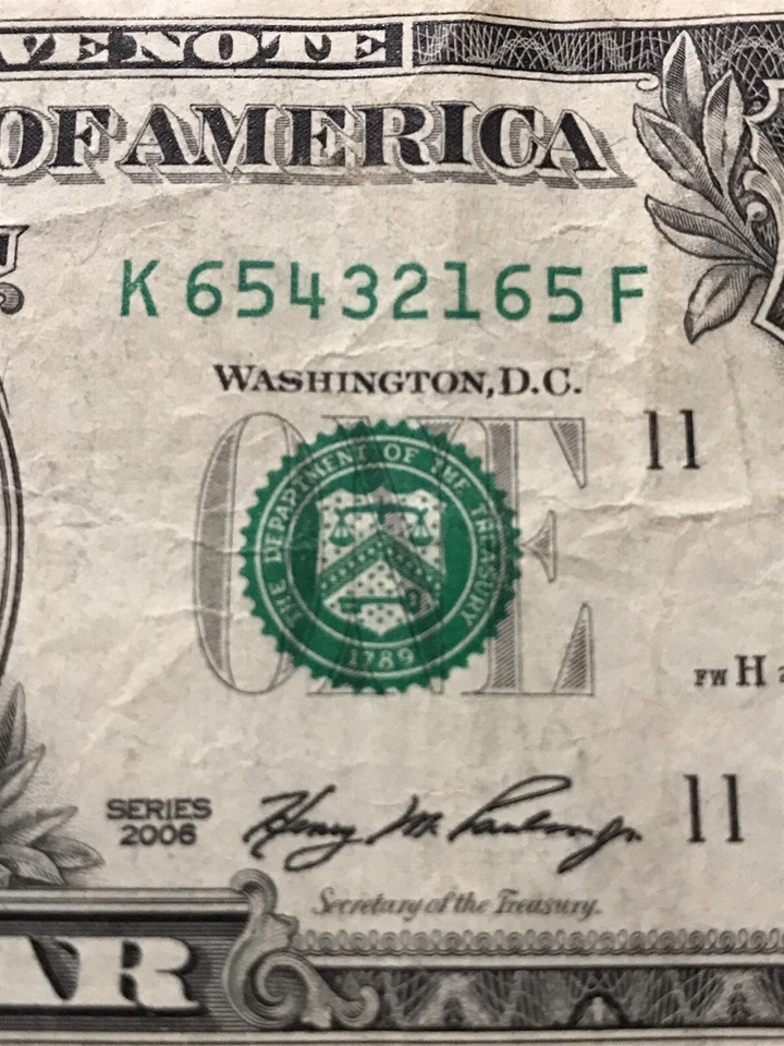 2006 $1 One Dollar Bill 6 5 4 3 2 1 Descending Ladder Repeater Note 65432165 - Image 4 of 4