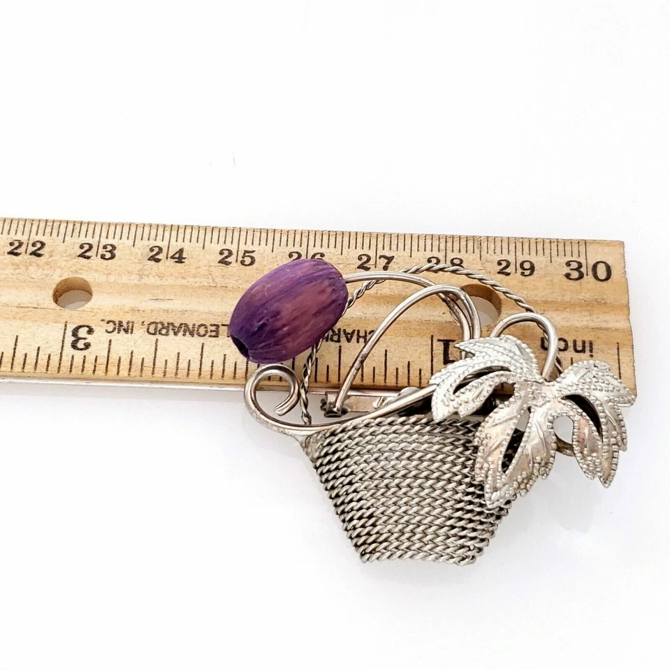 Mint Vintage Coro? Silver Tone Wirework Purple Dyed Wood Basket Brooch Pin - Image 3 of 4