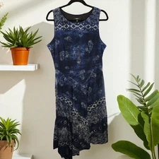 Simply Vera Vera Wang Dress Navy Blue Paisley Sleeveless Asymmetrical Women's L