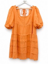 Anthropologie Bright Orange Cotton Babydoll Dress Mini Puff Sleeve Size Large
