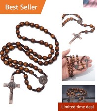 Elegant 22-Inch Wooden Rosary Necklace with St Benedict Medal - Prayer Beads