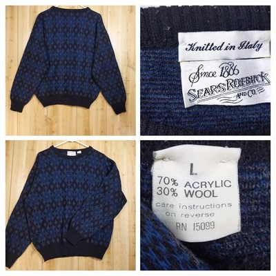 VTG Sears Roebuck & Co Men's L Sweater Blue Argyle Geometric Wool Blend Italy