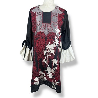 Sana Safinaz Tunic Dress Womens Size Large Embroidered Floral Pakistani Artsy