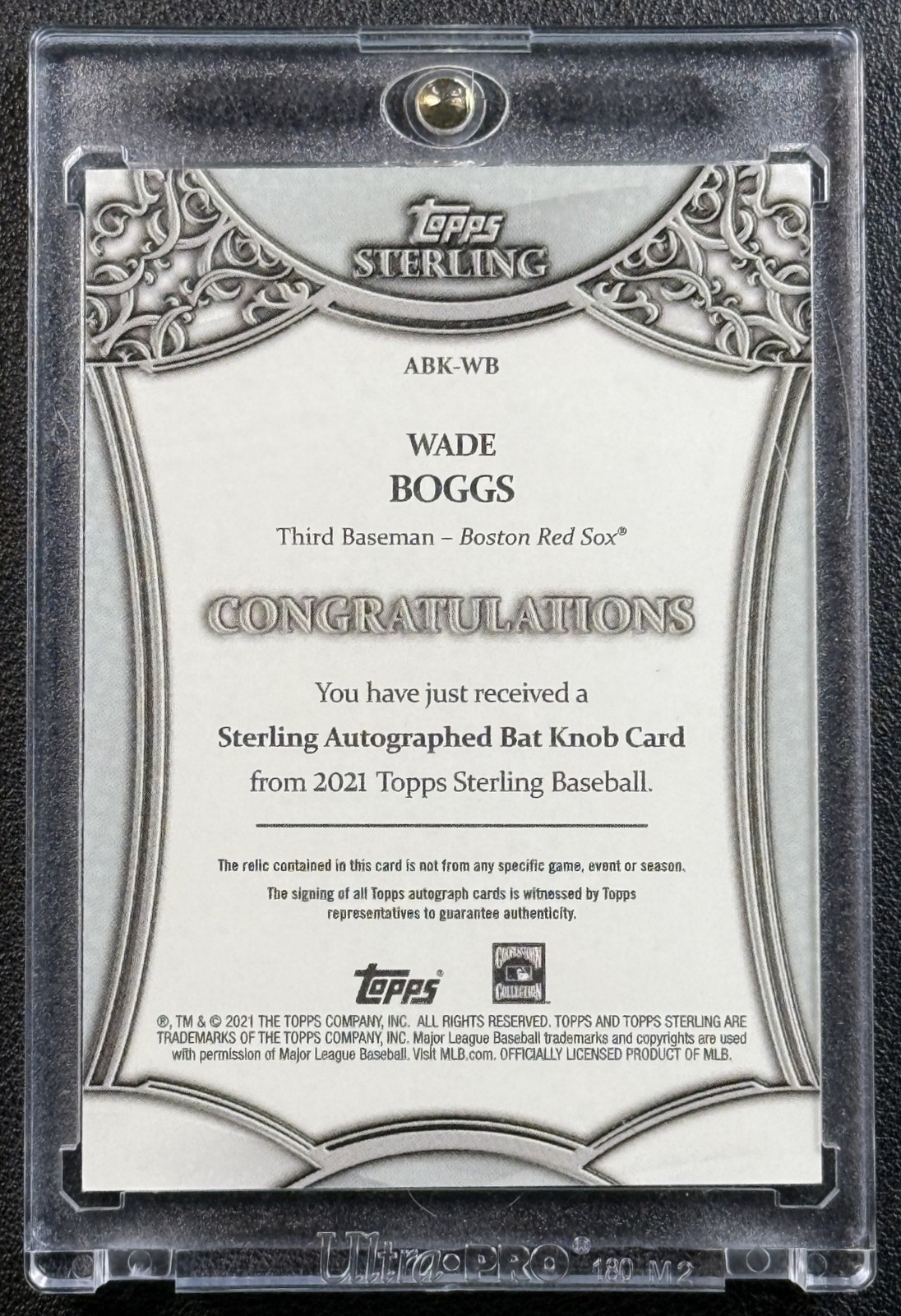 WADE BOGGS 2021 TOPPS STERLING #ABK-WB GAME-USED BAT KNOB RELIC AUTO 1/1 RED SOX view 2
