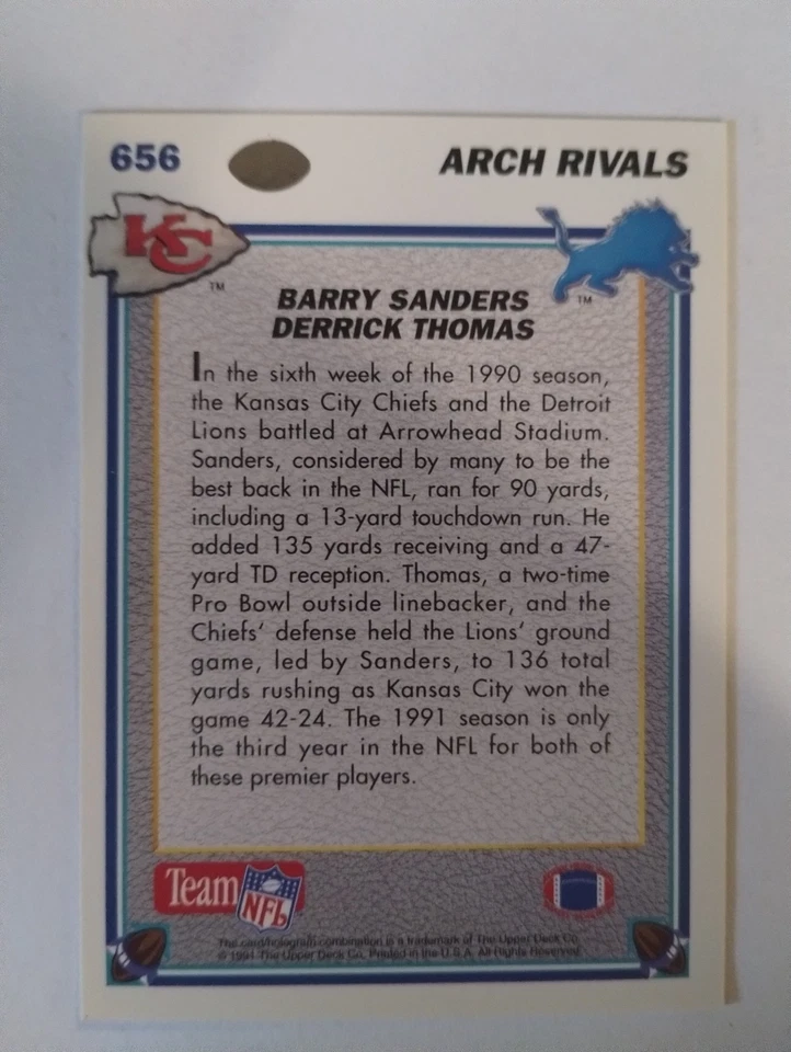 Upper Deck 1991 - Barry Sanders, Derrick Thomas #656 Foto 2 de 2
