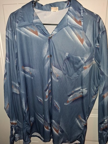 Vintage Stuart Mann Shirt XL Blue Geometric Disco 70s Polyester Button Up