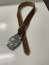 Youth Western Tooled Leather Belt 32 USA Revolver Sheriff Star Gun Buckle