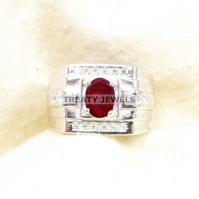 Ruby Oval Cut Gemstone With Solid 14K White Gold Ring For Men's #B576 #