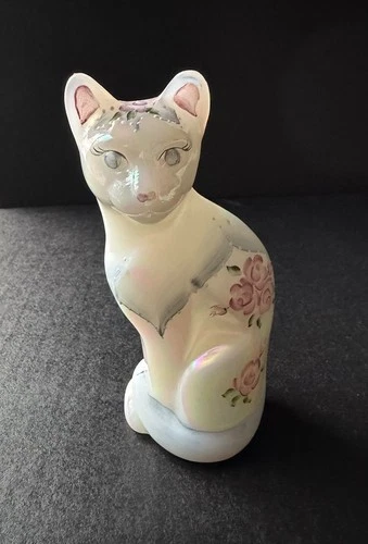 Fenton Art Glass Opalescent Hand Painted Floral Large Cat Figurine 5.25” Signed