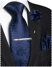Mens Paisley Tie and Lapel Pin Necktie Pocket Square and Tie Clip Navy Blue