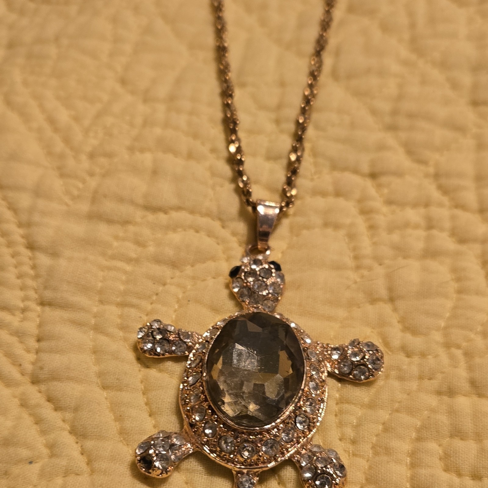 Gold Tone Turtle Pendant Necklace Oval Crystal Charm Statement Sea Life
