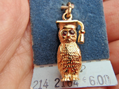 Wells Gold Tone Red Gemstone Eyes Graduation Owl Pendant Charm Free Shipping