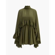 ✨ Commense Green Chiffon Ruffle Babydoll Dress with Cape Overlay– Size L – NWT ✨