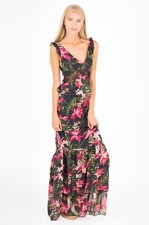 Image of NEW Guess Chiffon Maxi Dress Size XS Black Floral Print Ruffled Summer Wedding