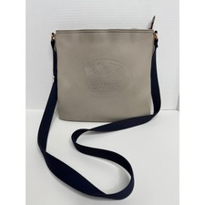 Lacoste Beige PVC Canvas Crossbody Bag Navy Blue Strap Embossed Logo Messenger