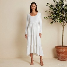 Cottage Prairie Maxi Dress White Cotton Tiered Long Sleeve Tie Peasant S
