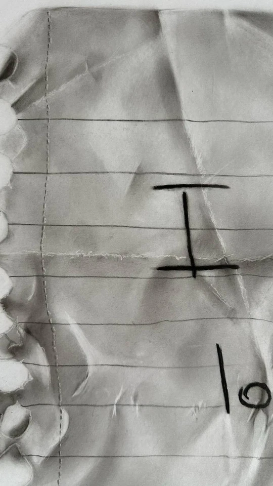 Dibujo realista a lápiz de carta de amor arrugada emocional pared en blanco y negro  Foto 3 de 4