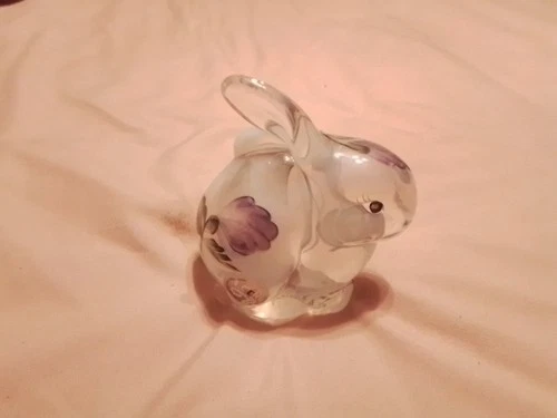 Fenton French Opalescent Clear Glass Hand Painted Bunny Rabbit Signed Figurine