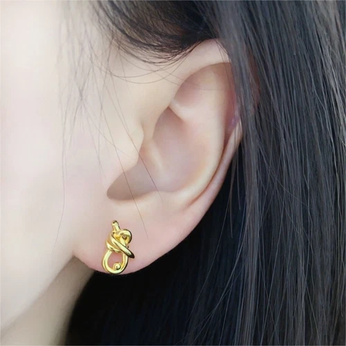 Pure 18K Yellow Gold Lucky knotted Asymmetric Stud Earrings Women 0.4-0.6g - Picture 5 of 9