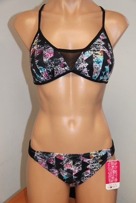 New Hula Honey Swimsuit Bikini 2 piece set Sz L Black Multi