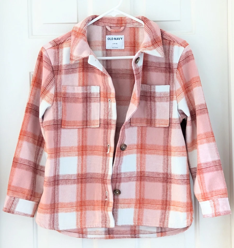Old Navy Girls Plaid Flannel Coat Long Sleeve Shirt, Size 10 12, Red Pink White - Image 3 of 4