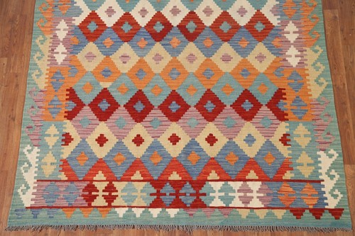 Geometric Hand woven Kilim Pastel Color Wool Oriental Reversible Area Rug 6'x8' - Picture 4 of 10