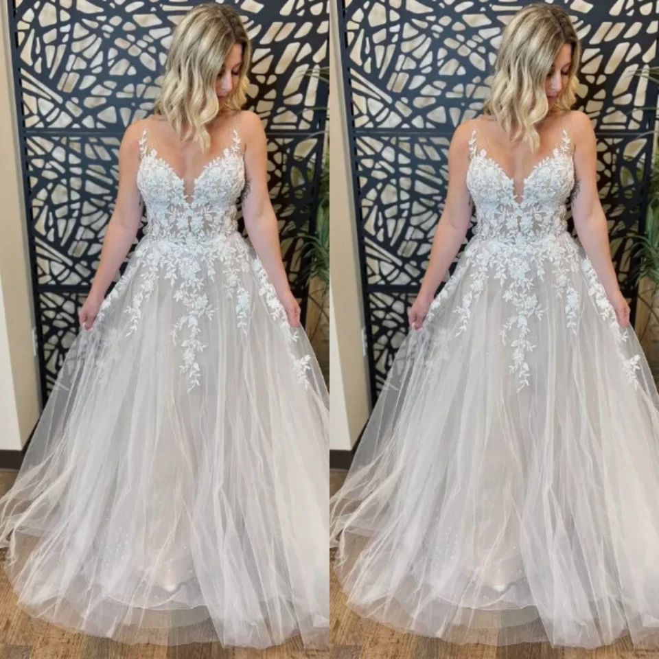 Vestidos de noiva boho gola V apliques de renda linha A trem varredura vestido de noiva praia - Imagem 2 de 4